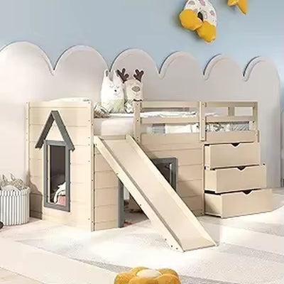 Twin Low Loft Bed with Slide, Storage Drawers, Playhouse, and Ladder