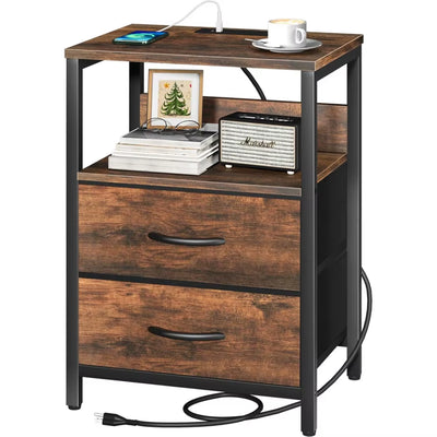 Nightstand with Charging Station, USB Ports, Fabric Drawers, and Storage Shelf for Bedrooms