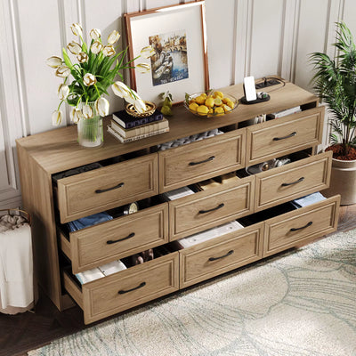 9-Drawer Wood Dresser with Power Outlet and Metal Handles
