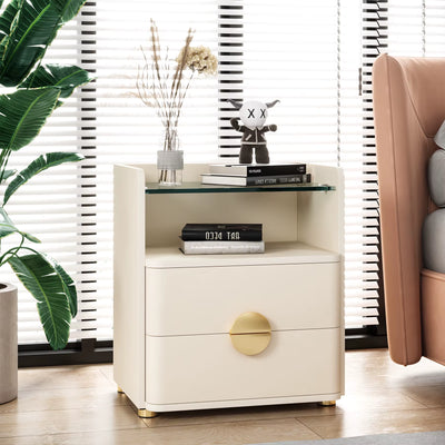 Modern 2-Drawer Nightstand with Open Shelf and Tempered Glass Top