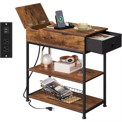 Narrow Nightstand with Charging Station and Fabric Drawer