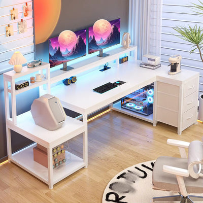 L-Shaped Office Desk with Power Outlet and LED Lights